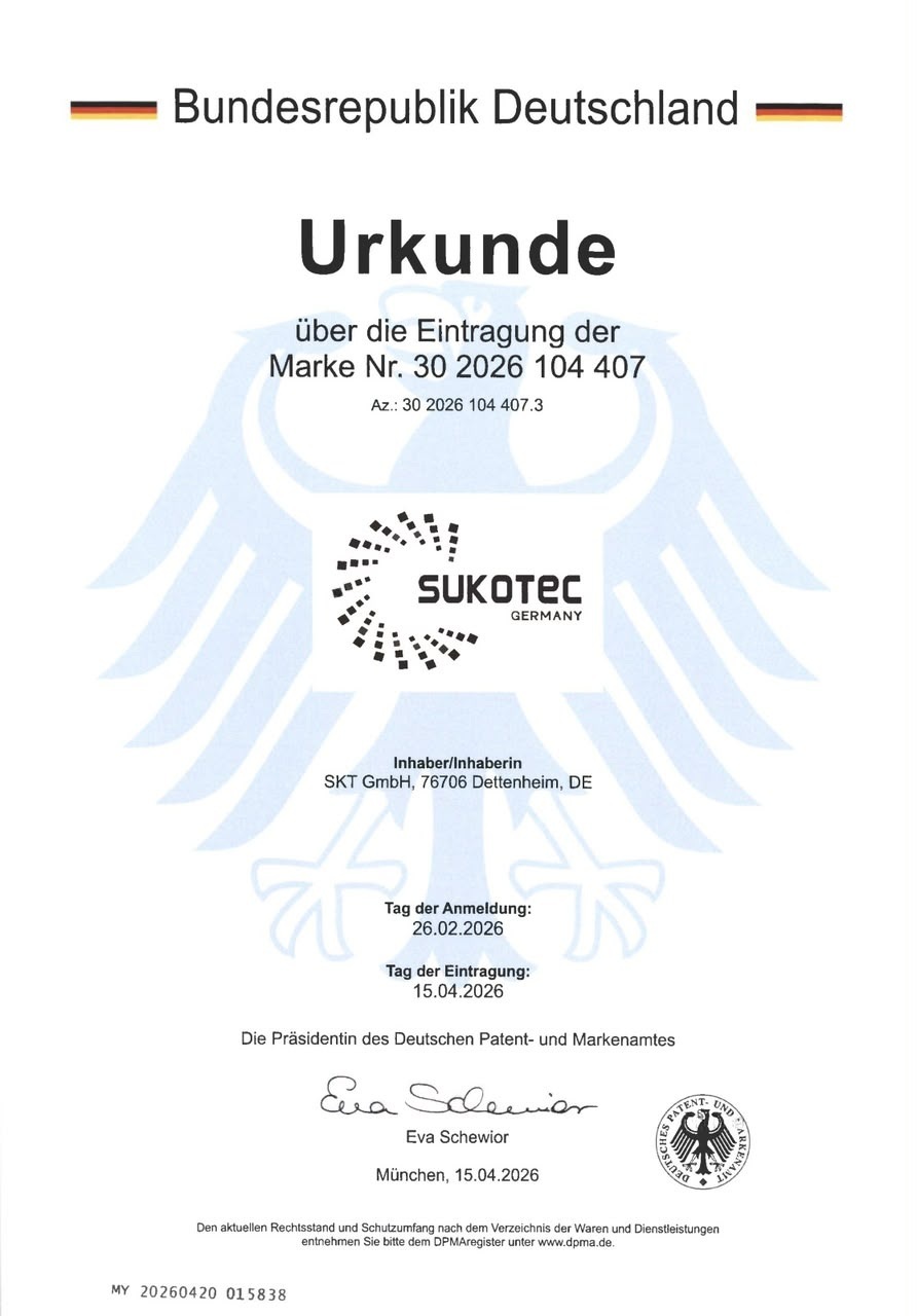 Certificado de registro de la marca SUKOTEC en Alemania